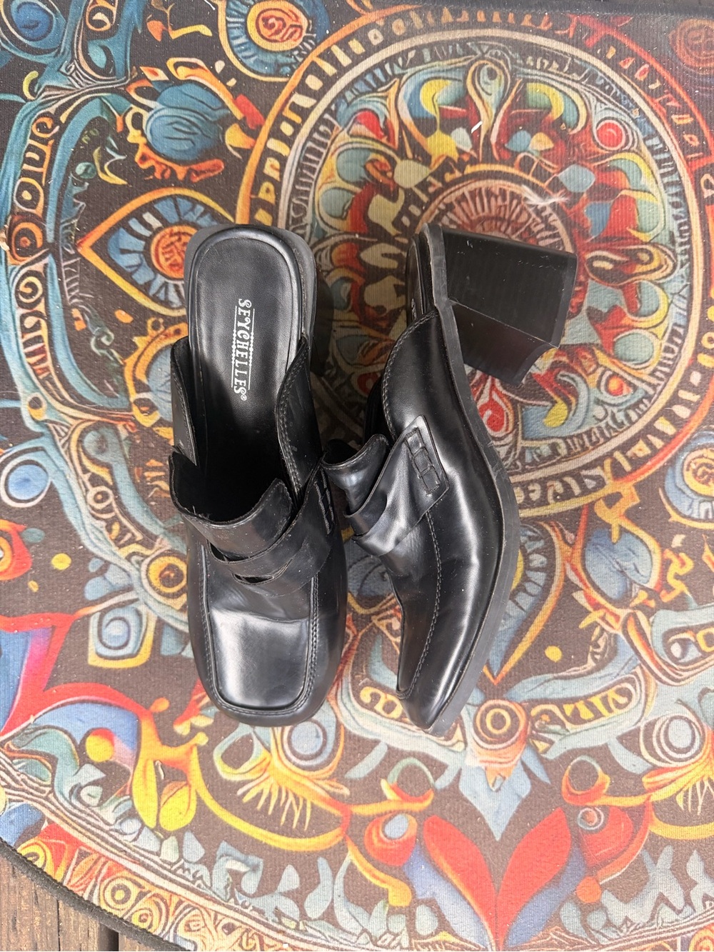 Seychelles Black Leather Square-Toe Block Heel Mules